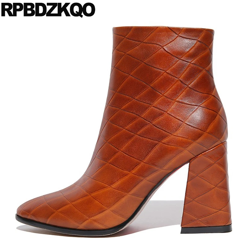 De 2017 Caer Tobillo Alto Tacón marrón Nuevo Marrón Negro Señoras Femenino Punteado Diseñador Fornido Piel Mujer Botas Zapatos Dedo Corto Bloquear Moda Botines Genuina Lujo Cremallera Chino qrEzO