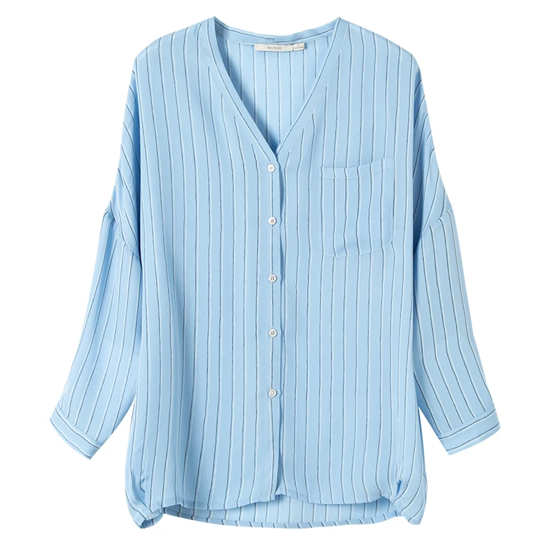 SuyaDream, женская шелковая блуза, шелк, креп, v-образный вырез, синяя полоска, длинный рукав летучая мышь, офисные блузки,, осенняя Свободная рубашка