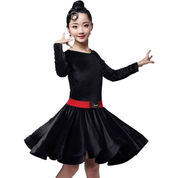

Kids Latin Dress Costume Children Competition Ballroom Dance Velvet for Girls Long Sleeve Rumba Cha Cha Samba Latn Ruffle Skirts