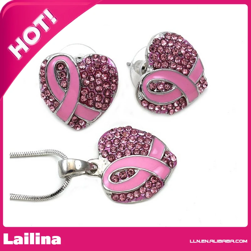 Breast Cancer Awareness Month Accessories Pink Ribbon Heart Necklace Pendant Charm Stud Post