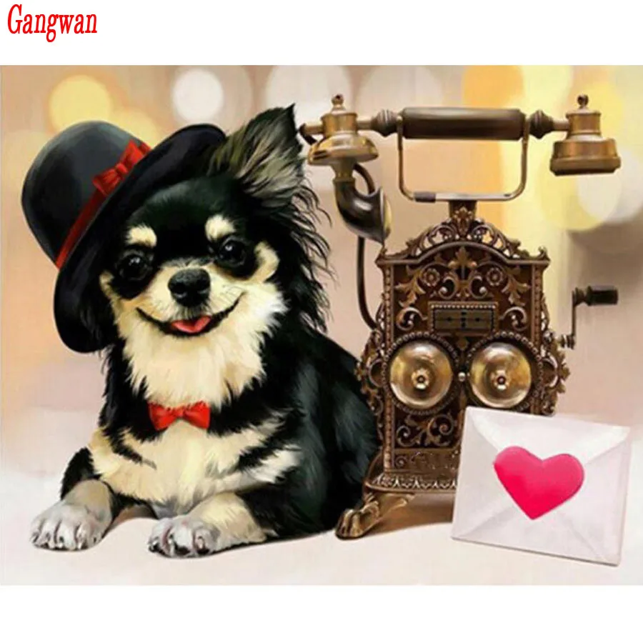 Full Square round Drill 5D Diamond Painting DIY Diamond Embroidery Chihuahua Dog,Old Phone rhinestone mosaic painting Home decoration