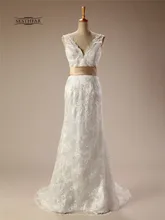 2017 Vintage Full Lace Wedding Dresses A Line V-neck Cap Sleeves Vestidos De Noiva Custom Made with Belt Bridal Gowns HSDZ036
