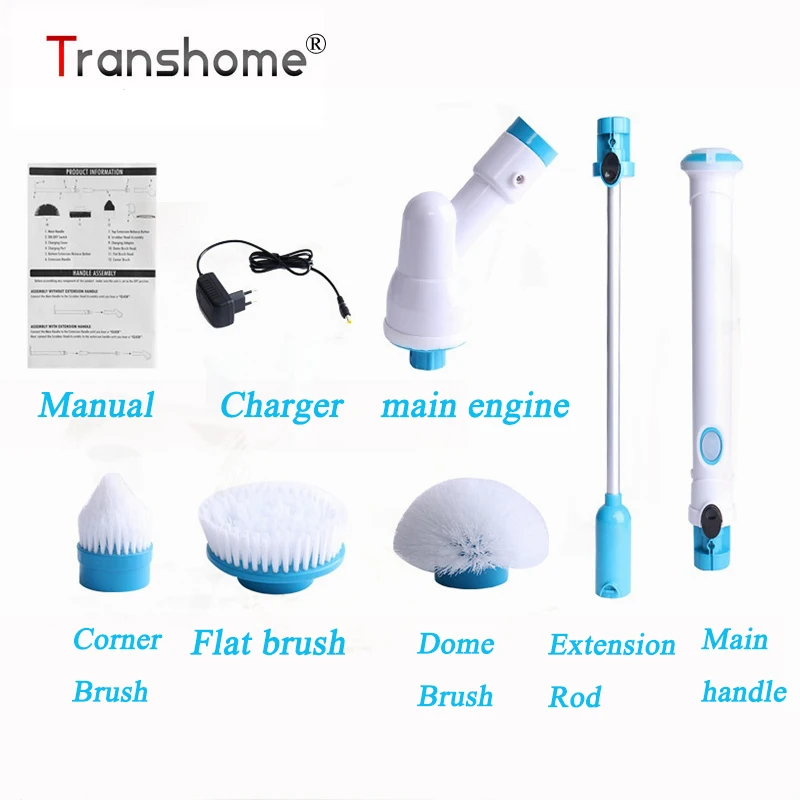 Transhome Multi-function электрические щетки Беспроводная зарядка электрическая длинная ручка Чистящая Щетка чистящие средства - изображение