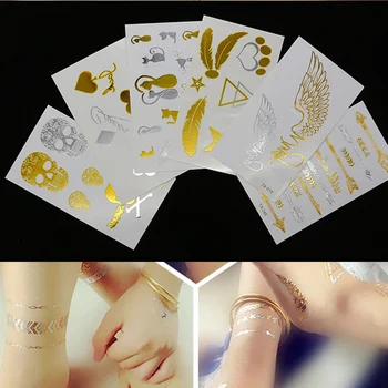 

10pc Small Flash Metallic Tattoo Waterproof Temporary Gold Silver Tatoo Women Henna Star Taty Design Tattoo Sticker Random Style