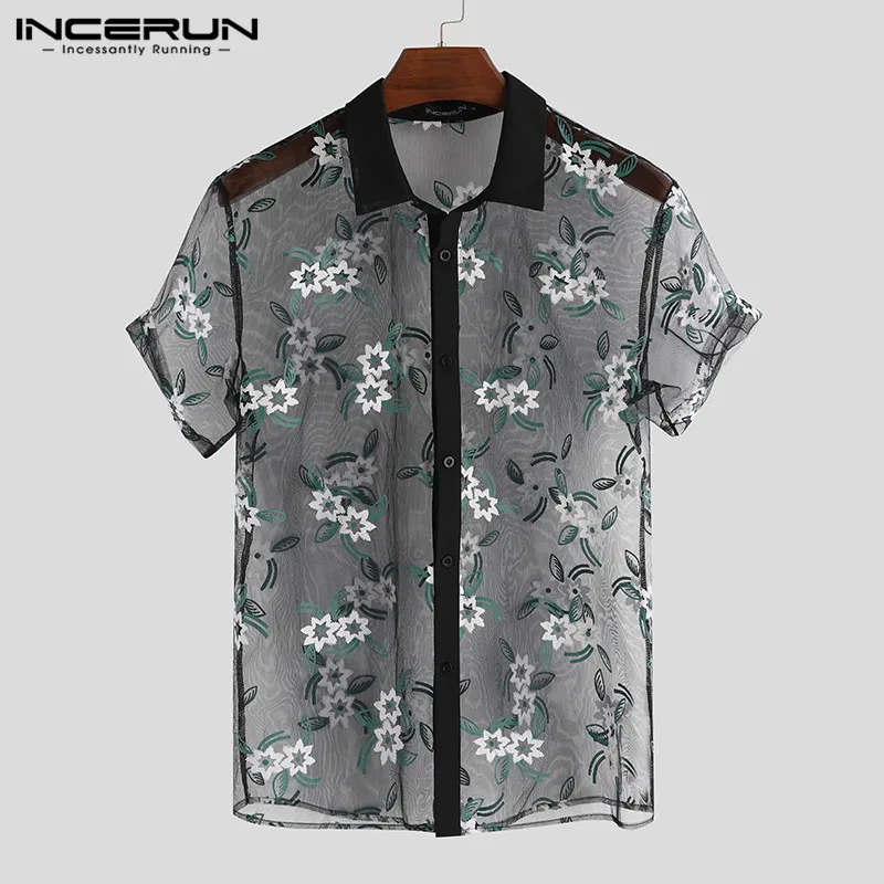 INCERUN Mesh Men Shirt Printing Transparent Sexy Short Sleeve Slim Fit Party Tops See Through Fashion Club Lace Shirts Men