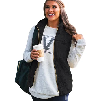 

Autumn and winter out warm solid color plush coat vest top women's fashion zipper pocket Waistcoat Jacket Coat Winter female XL