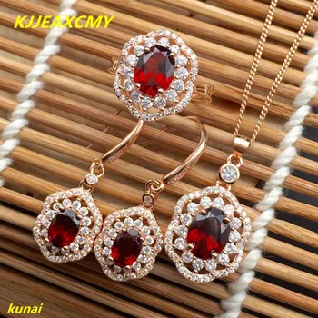 

KJJEAXCMY boutique jewels 925 silver inlaid garnet lady pendant earrings ring three-piece set simple gift necklace.