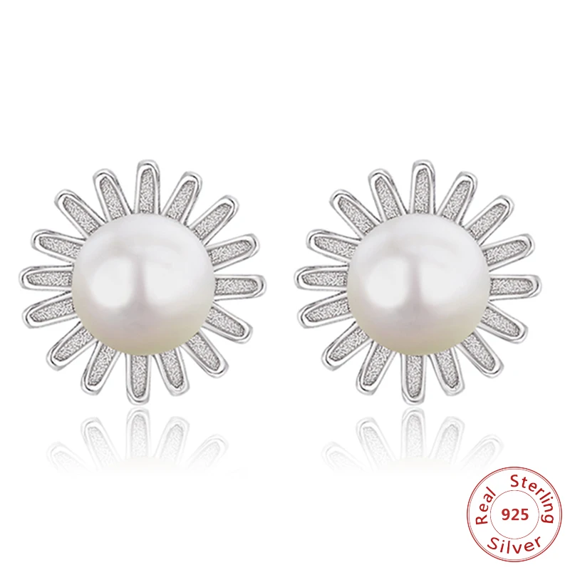 

100% 925 Sterling Silver Sunflower Shiny Zirconia Imitation Pearl Stud Earrings for Women Wholesale Jewelry Gift Drop Shipping