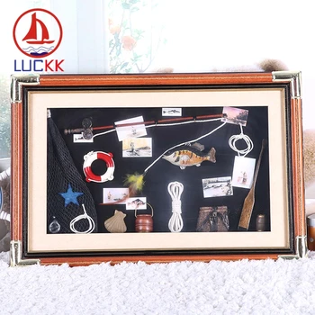 

LUCKK Wall Hanging 60*40 Picture Frame With Fish Rod Sea Style Wood Photo Frame Vintage 3D Home Decoration Room Crafts Souvenir