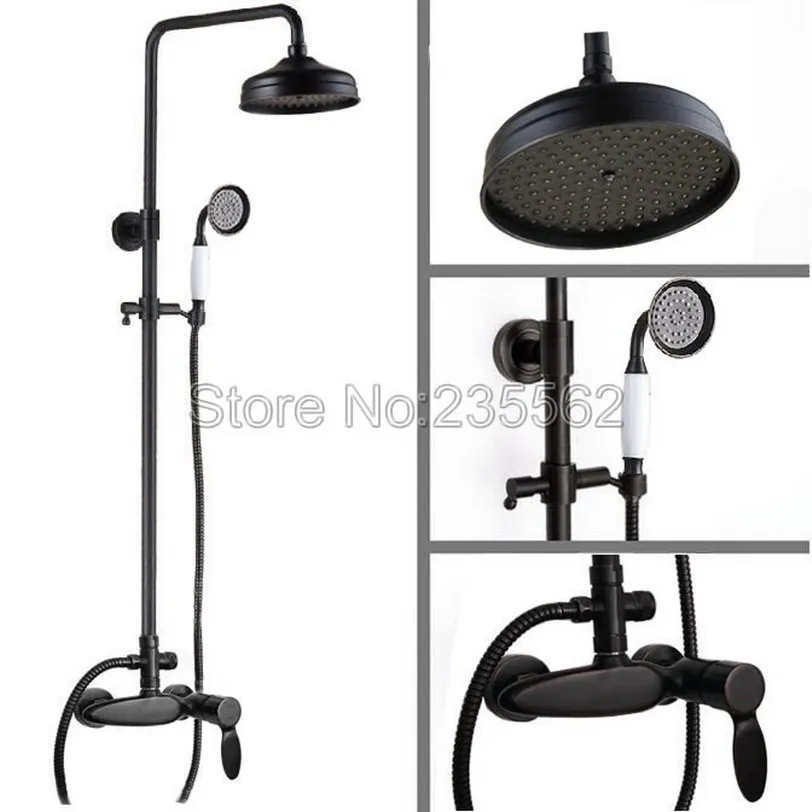 

Bathroom Rain Shower Faucet Set Black Oil Rubbed Wall Mounted Single Handle Mixer Taps Brass Finish with Hand Shower lrs433