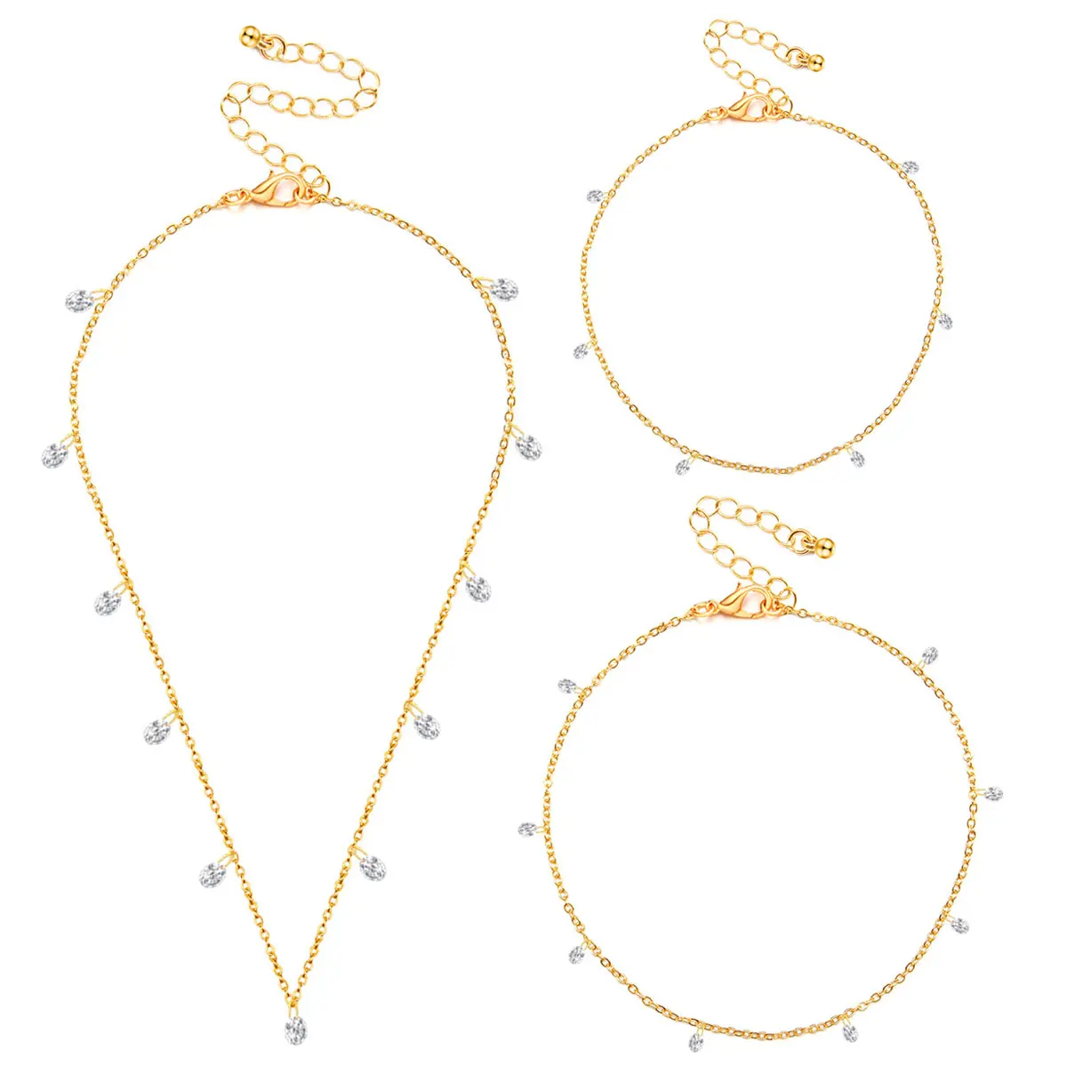 

3 Pcs/ Set Fashion Gold Chain Anklet Bracelet Necklace Set Simple Trendy Zircon Elegant Chain Necklace Jewelry Set