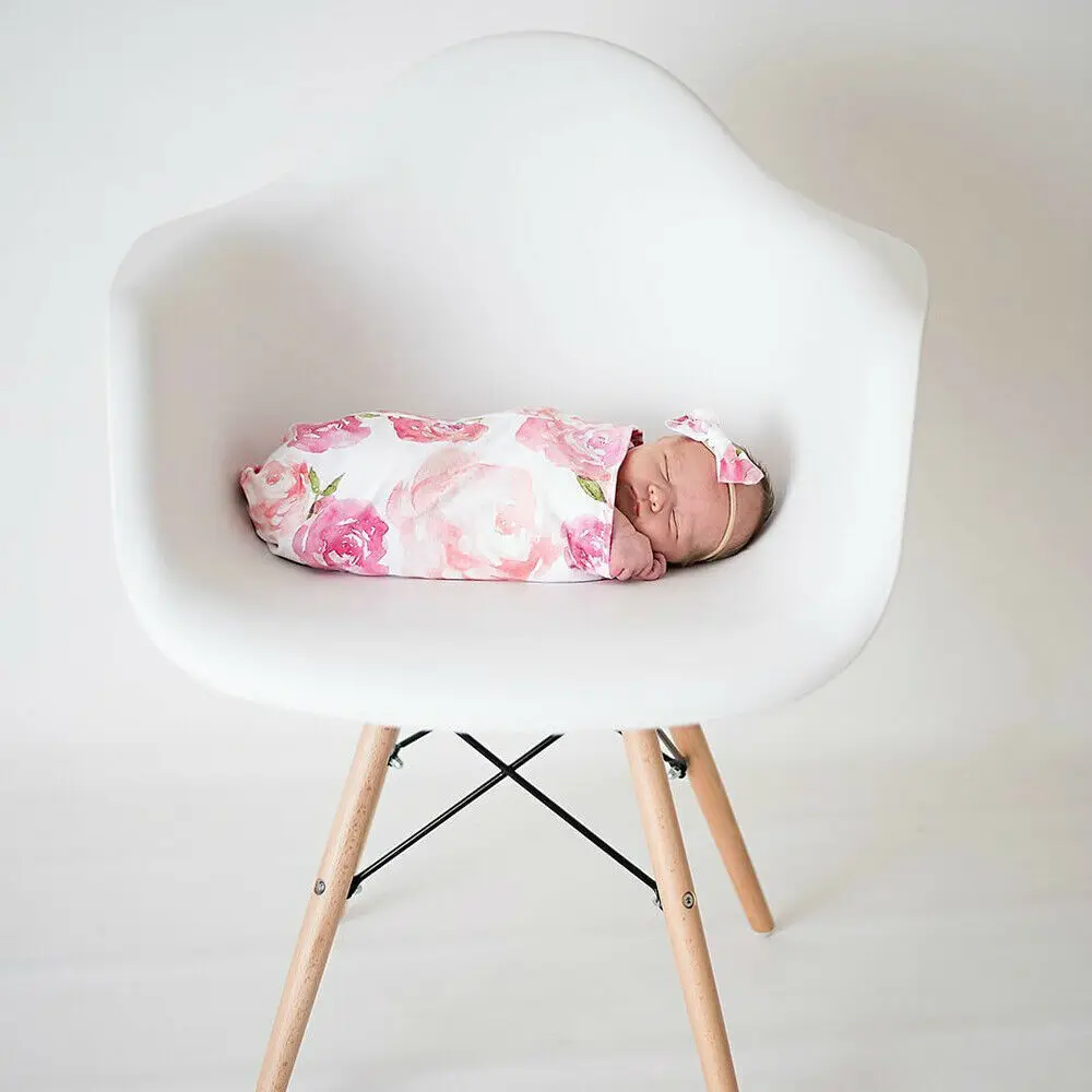 2pcs Newborn Baby Cute Swaddle Blanket Sleeping Swaddle Muslin Wrap+Headband New