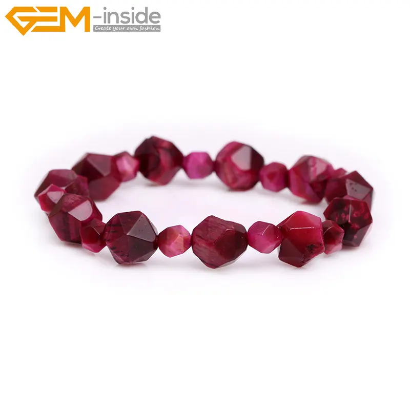 

Natural Faceted Red Tiger Eye Pink Opal Blue Aquamarines Black Agates Gem stone Beads Elastic Bracelet Jewelry for Women