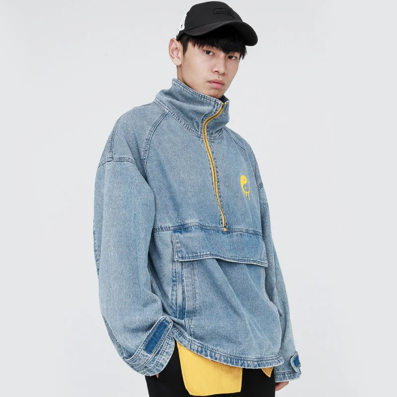 Houxu 2019 NEW A&W Men Zipper Tooling Streetwear Loose High Collar Casual Oriental Style Embroidery Men's Denim Jacket Hiphop Houxu 2019 NEW A&W Men Zipper Tooling Streetwear Loose High Collar Casual Oriental Style Embroidery Men's Denim Jacket Hiphop