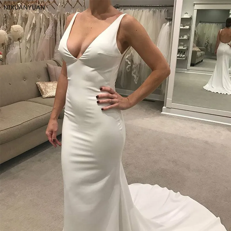 2019 Новый Белый Свадебные платья цвета слоновой кости Vestido De Noiva Русалка Стиль сексуальный v-образный вырез открытая спина Сатиновые
