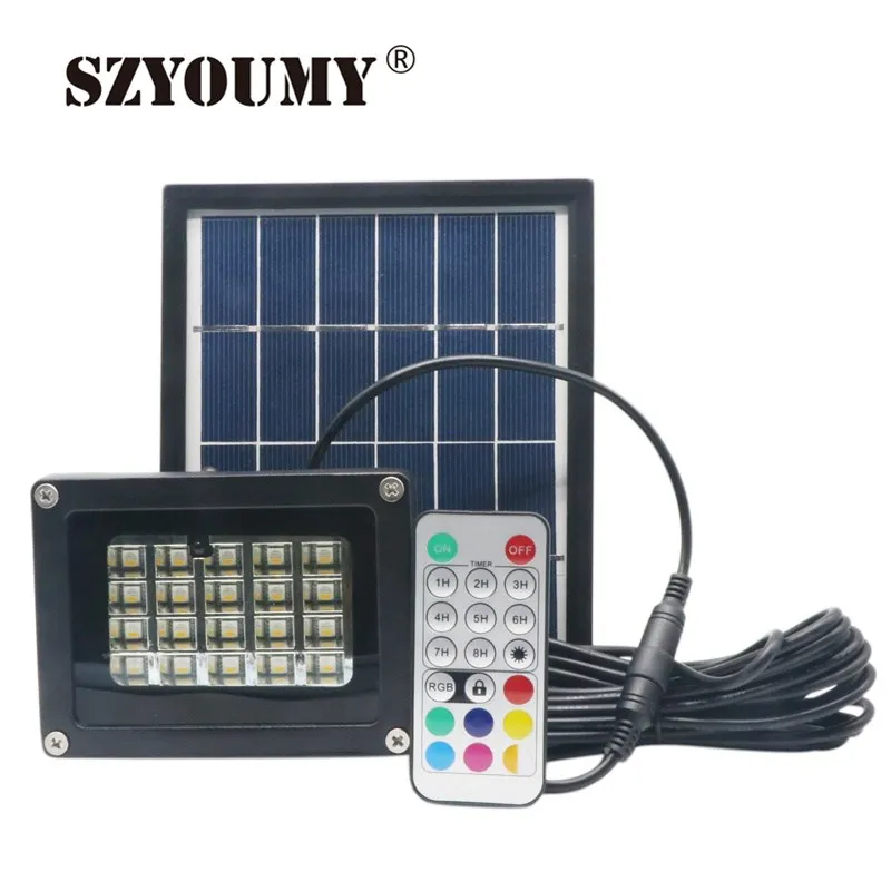 

SZYOUMY LED Solar Flood Light 20 LEDs RGBW Changing Outdoor Security Wall Lamp IP65 Remote Controller Garden Solar Spotlight