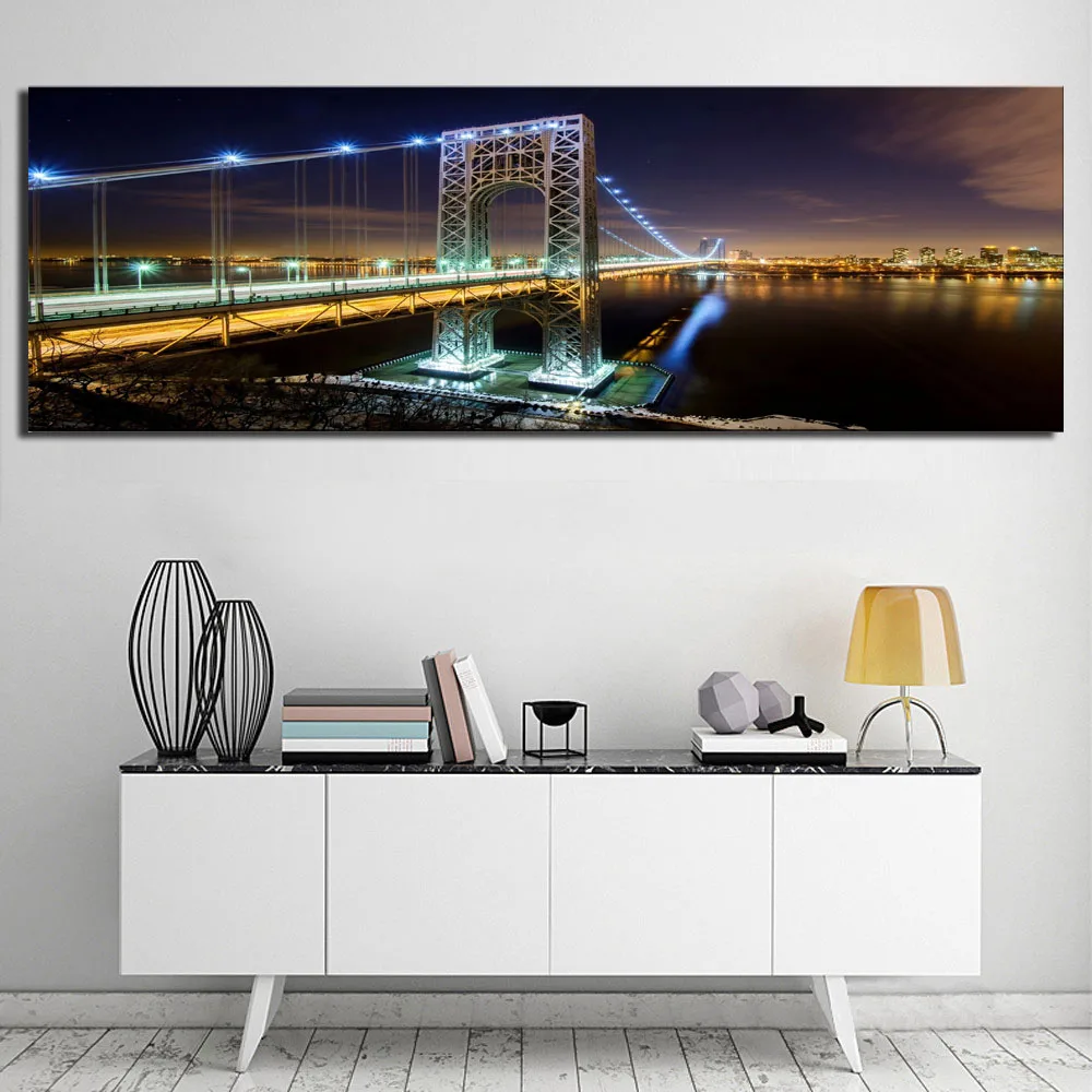 Нью-Йорк Бруклинский мост, печать на холсте, большой размер, ночной вид, городской пейзаж, настенная художественная картина для гостиной, Настенный декор