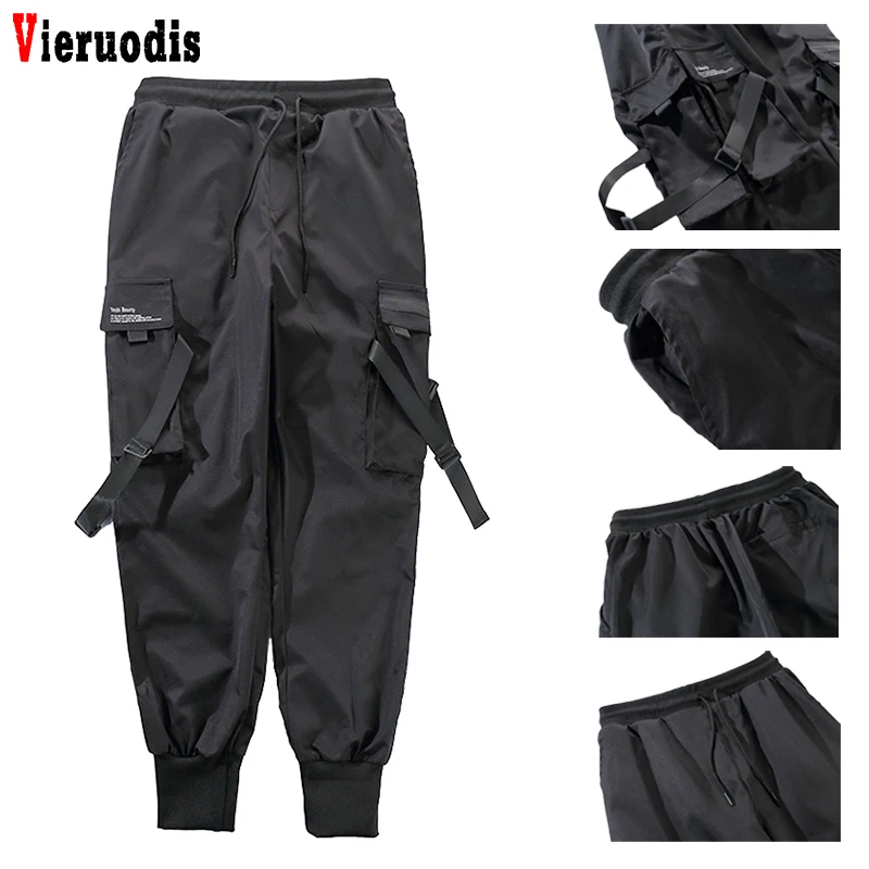 Men Fashion Casual Harem Joggers Harajuku Sweatpant Hip Hop Trousers Men Ribbons Color Block Black Pocket Cargo Pants