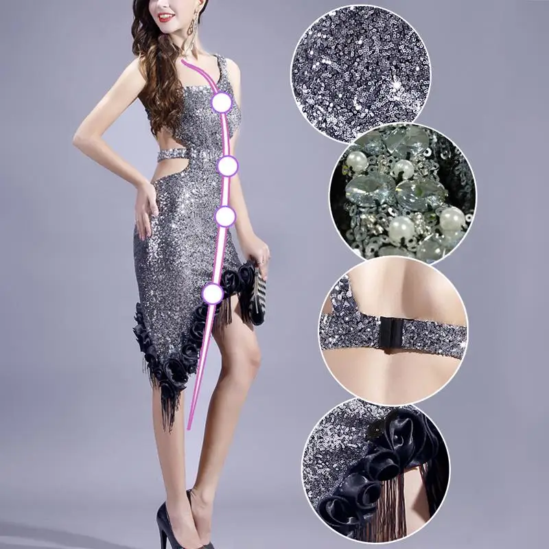 Ladies Silver Sequins Latin Dance Dress Single Shoulder Backless Tango Cha-cha Dancing Dresses Ballroom Clubwear TL154