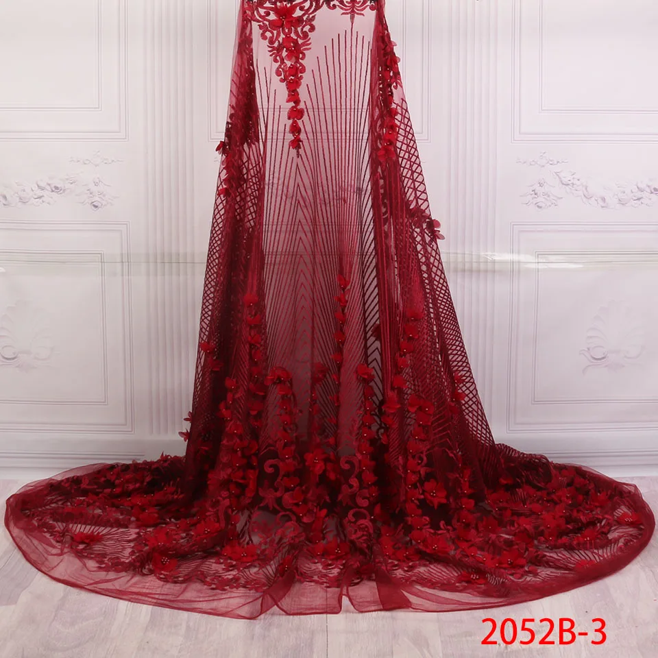

French Lace Fabric 3D Flowers Embroidered African Tulle Lace Fabric With Beads African Lace Fabric For Wedding Dress XY2052B-3
