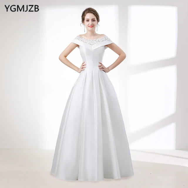 Elegant White  A Line Wedding  Dress  Long 2019 Scoop Off  