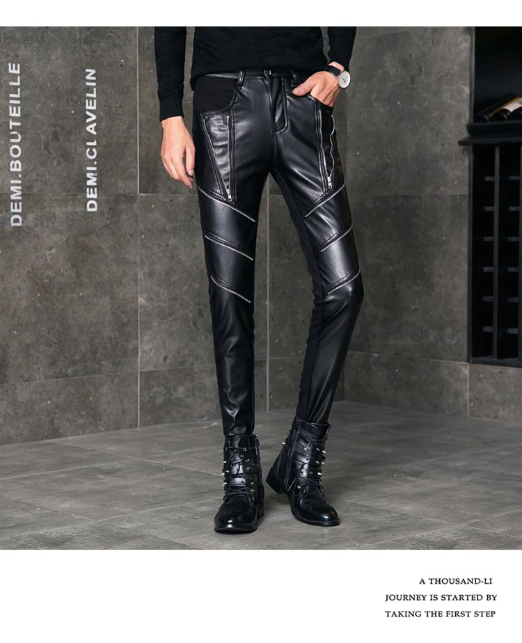 Idopy Новый Для мужчин s Тощий искусственной кожаные штаны Personlity мотоцикл черный Slim Fit байкер кожаные штаны готические брюки для Для мужчин
