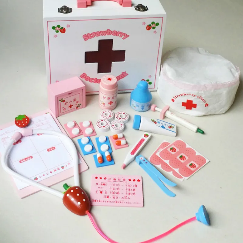 Японский стиль клубника детская деревянная имитация доктор и медсестры медицинская коробка игрушки