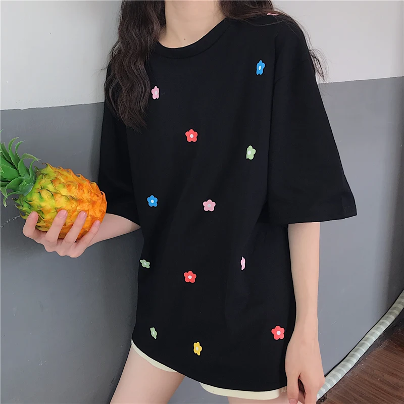 

Korean version of color flower Joker short sleeve T-shirt round neck loose printing red boudoir 2019 summer new