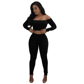 

Women 2 Piece Set Off Shoulder Crop Top Long Pants Suit Ladies Tracksuit WS3442R