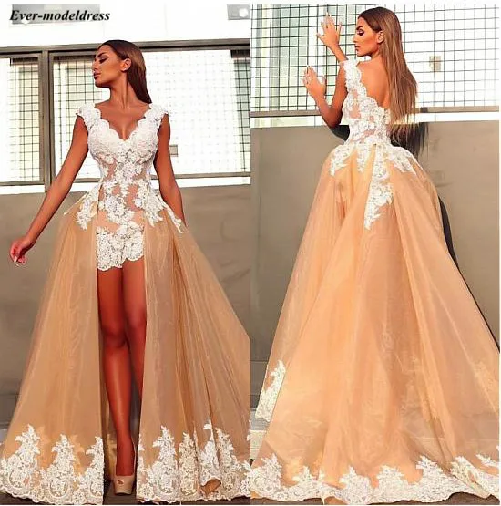 Sexy Evening Dresses Long 2019 With Detachable Train Lace Appliques Zipper Back V-Neck Newest Prom Party Gowns Robe de soiree Sexy Evening Dresses Long 2019 With Detachable Train Lace Appliques Zipper Back V-Neck Newest Prom Party Gowns Robe de soiree