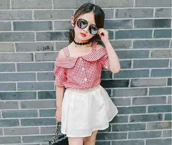 

2018 Summer New Girls Plaid Shoulder Strapless Shoulder Top + Shorts Two-piece Children's Tide Set
