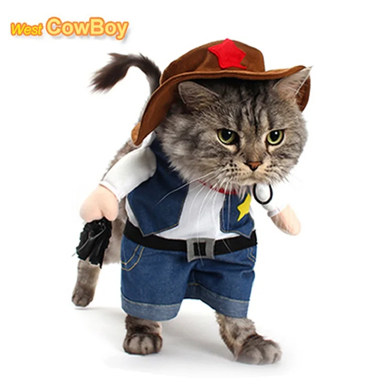

Pet Cat Costume Cowboy Jeans Hoodie Shirt Clothes Apparel Halloween Dog Puppy Dressing Up Party Cosplay Role Play Coat Supply