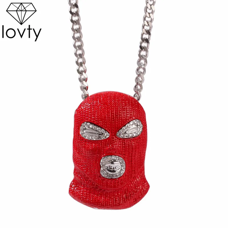 

lovty Punk Style Red Head Masked Big Pendant Necklaces Men Hip Hop Jewelry Steampunk 5mm Silver Long Chain Statement Necklace