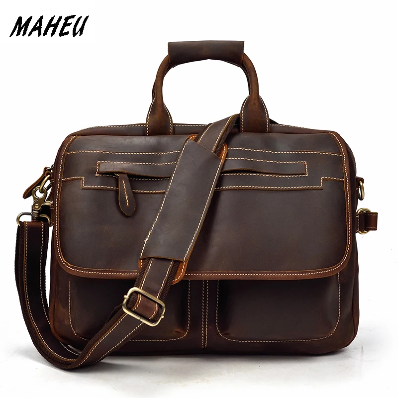 Crazy Horse Leather Briefcase for Men Genuine Leather Double Layer