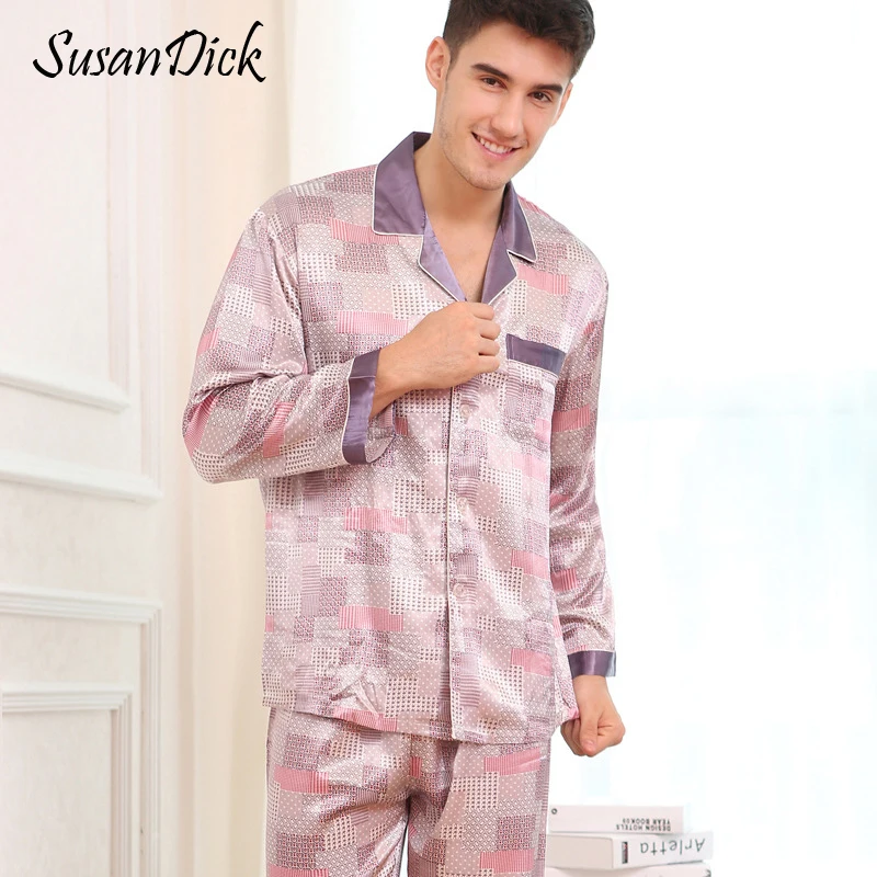SusanDick благородный шелк Для мужчин пижамы с длинными рукавами и принтом элегантные мужские ночное сна Одежда Осень Китай Satin Pajama Set
