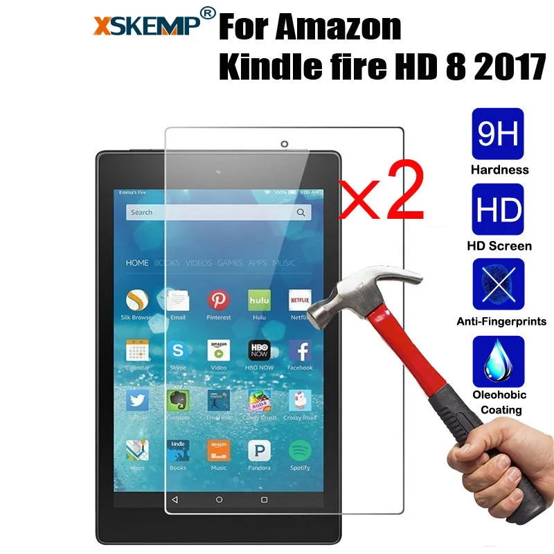 XSKEMP 2Pcs 9H Real Tempered Glass For Amazon Kindle fire HD 8 2017 8.0