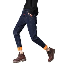 Женские зимние теплые джинсы из плотного флиса, обтягивающие штаны-шаровары, брюки с эластичной резинкой на талии, джинсовые брюки больших размеров