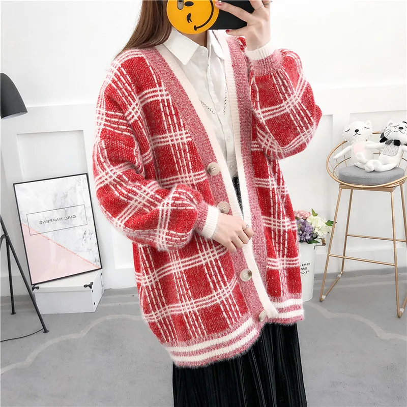 New Autumn Winter Women Sweater Casual Loose Knitted Outerwear Long sleeves Plaid Cardigan For Lady Office Casual V Neck