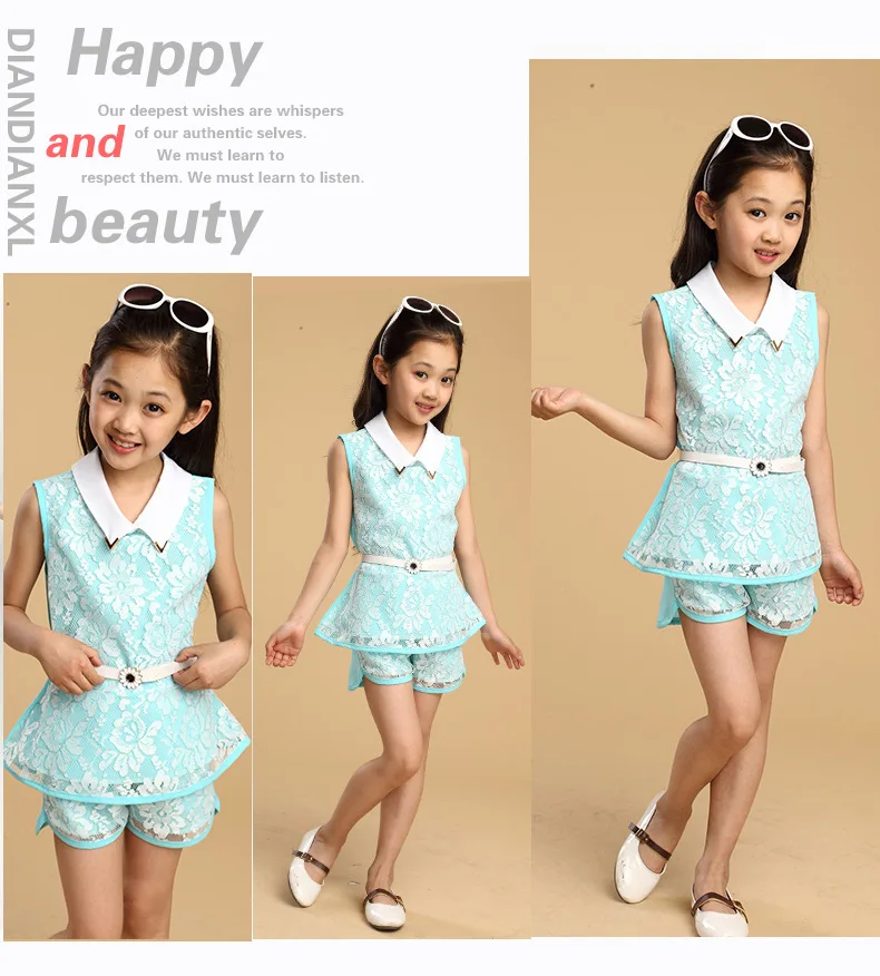 4-13Y Fashion Girls Clothes Set 2018 Summer Lace Flower Kids Outfit Girl Sleeveless Top Shorts Belt 3Pcs Suits Children Clothing (7)