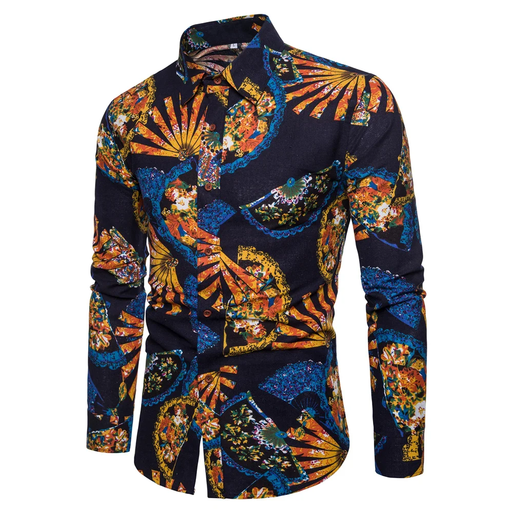 Мужские льняные цветные Гавайские рубашки с цветочным принтом, модные мужские рубашки размера плюс M-5XL с длинным рукавом в национальном стиле - Цвет: CS64