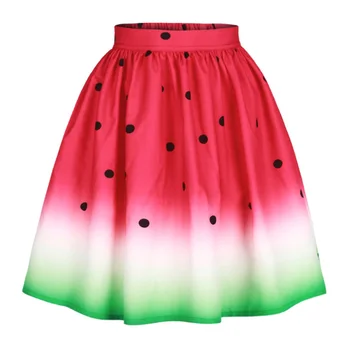 

Vintage Summer Midi Skirt Women Cute High Waist 3D Fruit Watermelon Print Pleated Ball Gown Skirt Jupe Femme Office Tutu Skirts