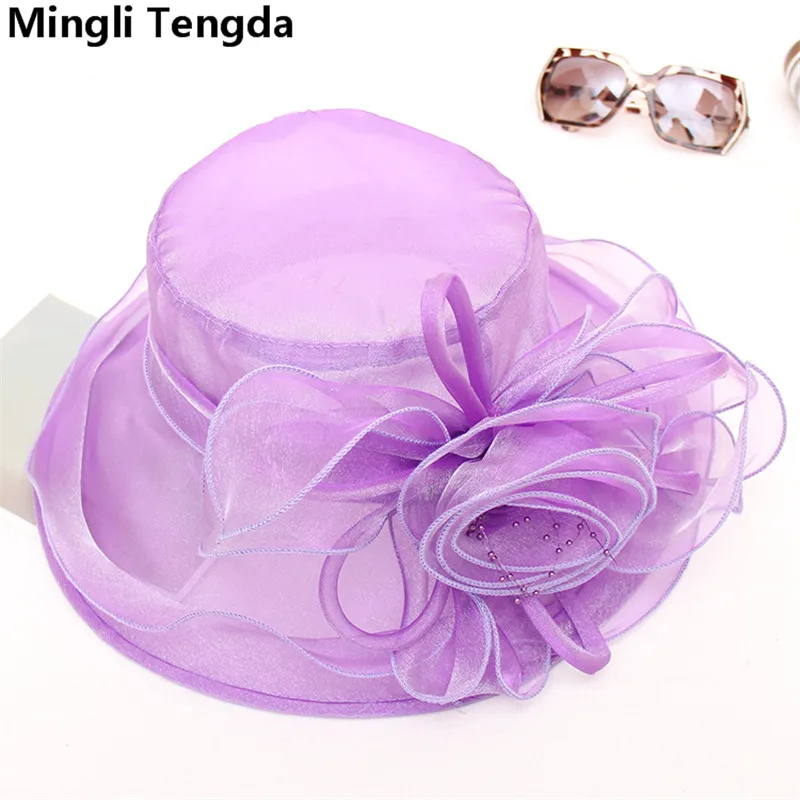 

2018 New Elegant Bridal Hats Wedding Hats with Flower Pink/Purple/Rose Wedding Bride Accessories chapeau mariage Mingli Tengda