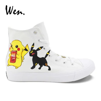 

Wen Anime Hand Painted Shoes Design Pokemon Pikachu Umbreon Eevee High Top Male Skateboard Sneakers Female Canvas Light Shoes