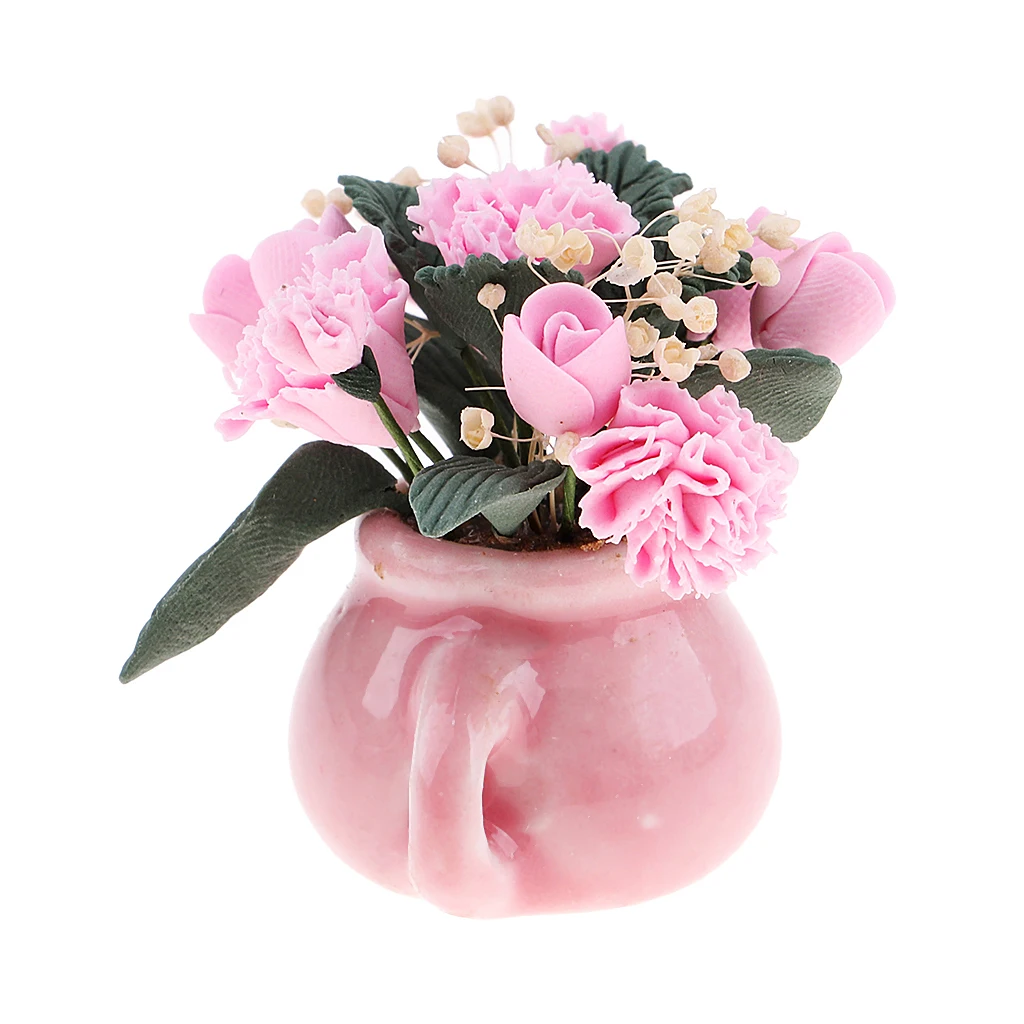1:12 Dollhouse Miniature Pink Flower In Glass Vase Dolls Room Table Garden Decoration  Decor Accs Furnishings