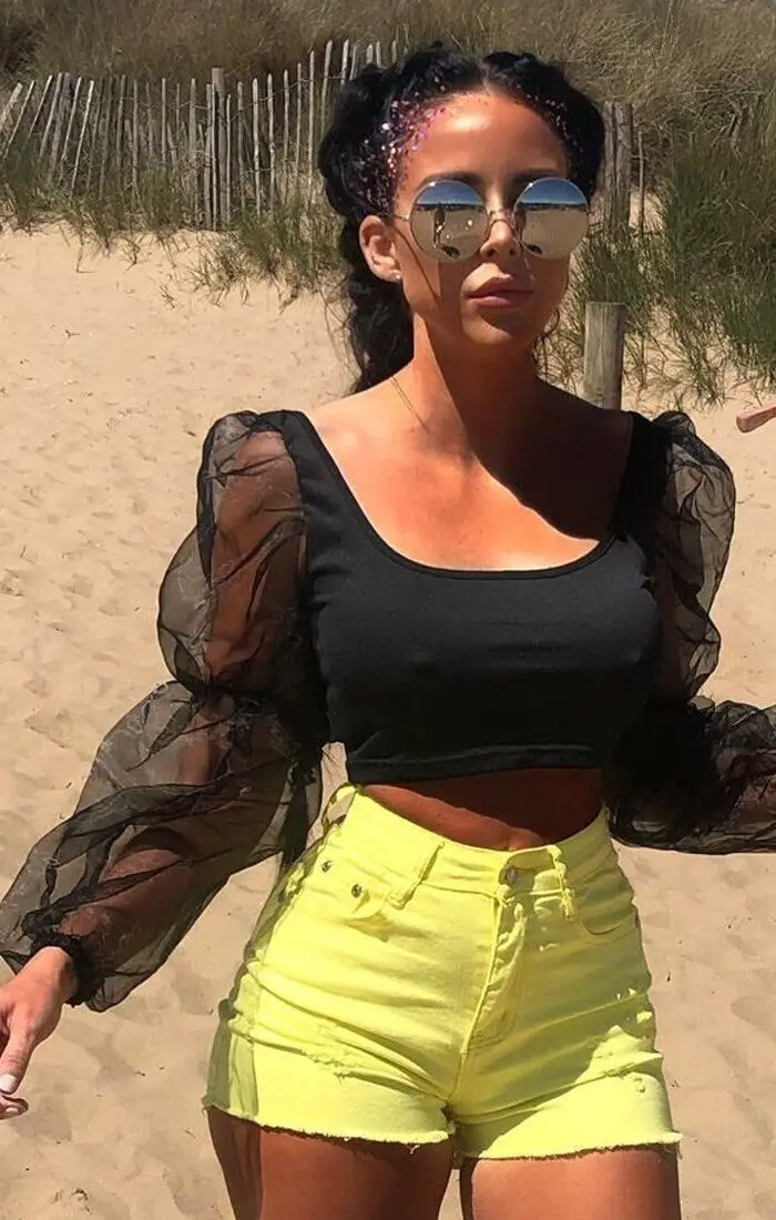 

AU Woman Long Puff Sleeve Crop Top Solid Color Fold Square Neck Crop T-Shirt