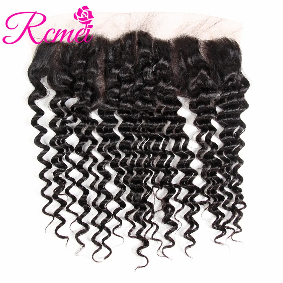Rcmei Brazilian Deep Wave Lace Frontal Closure Natural Black 13*4 Ear To Ear Lace Front Free Part Remy Hair Closure