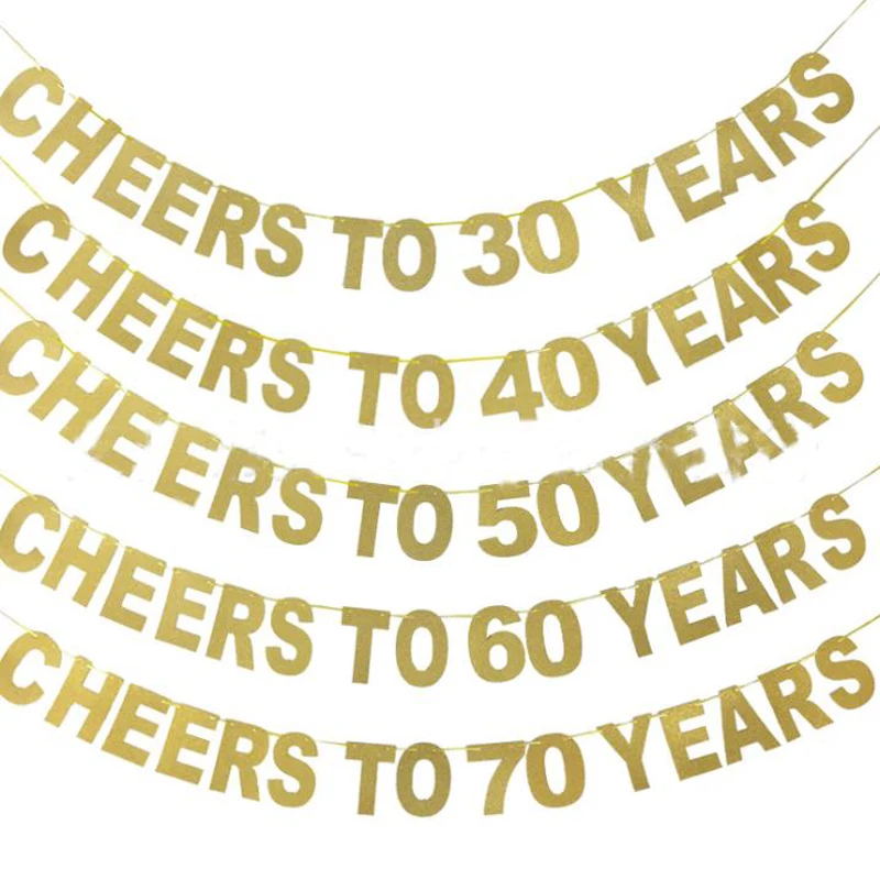 

1 Set Cute Gold Glitter Banners "cheers To 10/20/30/40/50/60/70/80/90 Years" Garland Birthday Wedding Anniversary Decoration