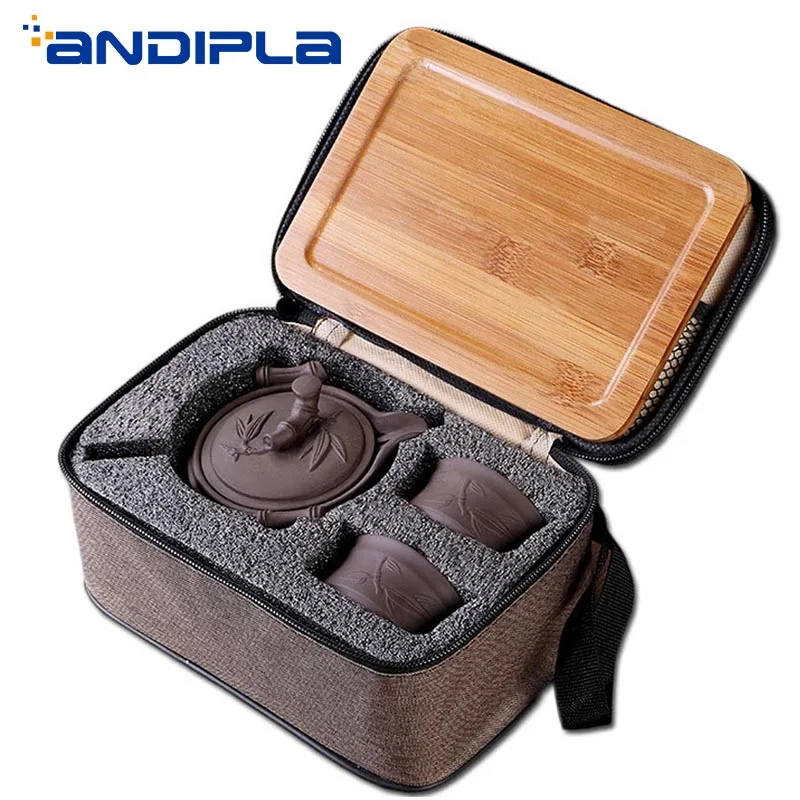 

Yixing Zisha Teapot Teacup Outdoor Camp Portable Quick Cup Ceramics Kung Fu Tea Set with Bamboo Tray Travel Teaware Storage Bags