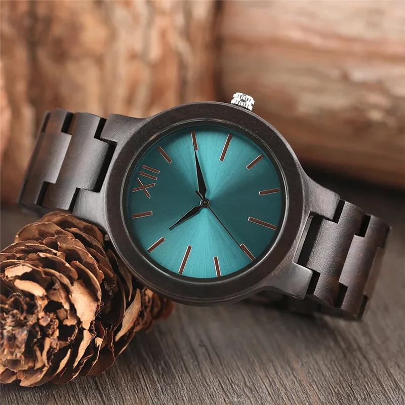 Благородный синий Аквамарин Дизайн деревянный циферблат Часы с бамбуковой ремешок для Для мужчин Для женщин пара Роскошные Кварцевые