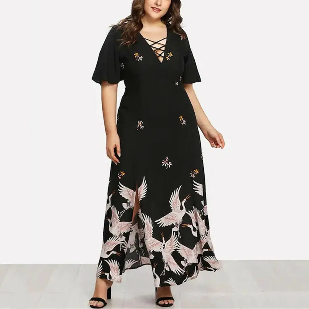 

2019 New Plus SIZE Summer V Neck Vintage Boho Long Maxi printing National Chiffon Dress Party Beach Dress ladies Sundress BD